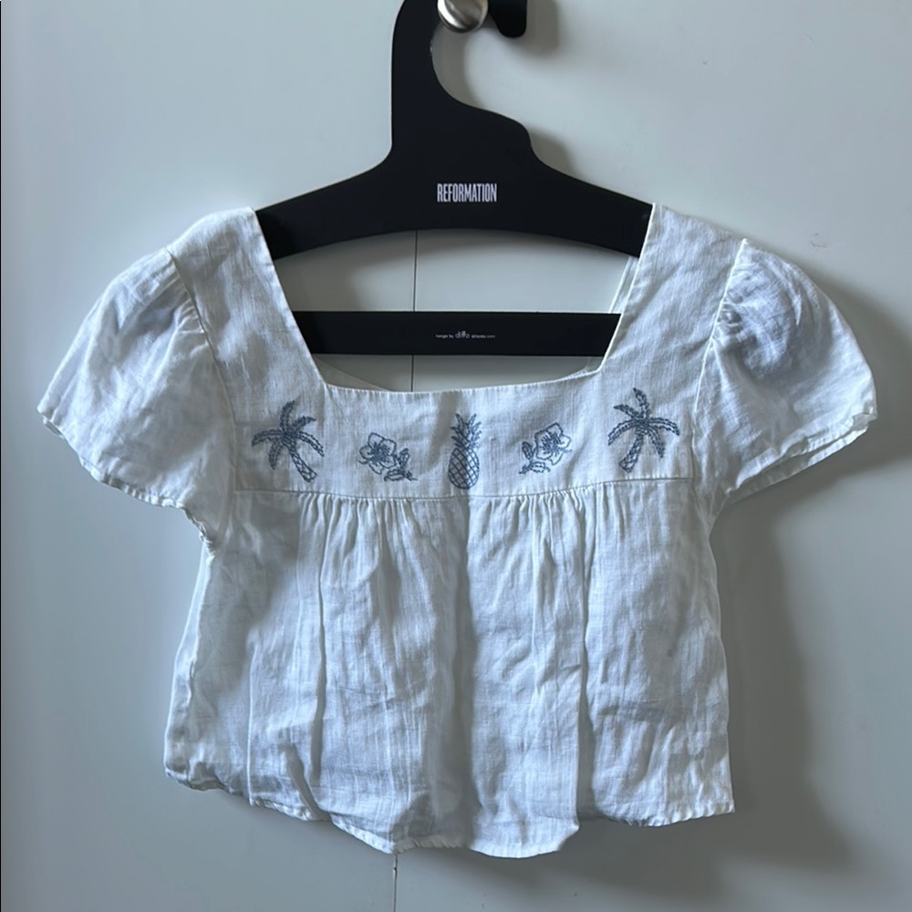 Reformation White Embroidered Crop Blouse 100% Linen XS Worn Once!